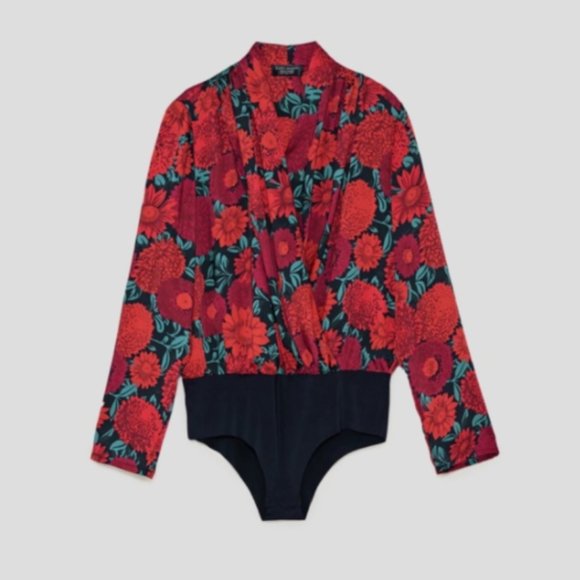 Zara Tops - Zara Floral Crossover Long Sleeve Bodysuit